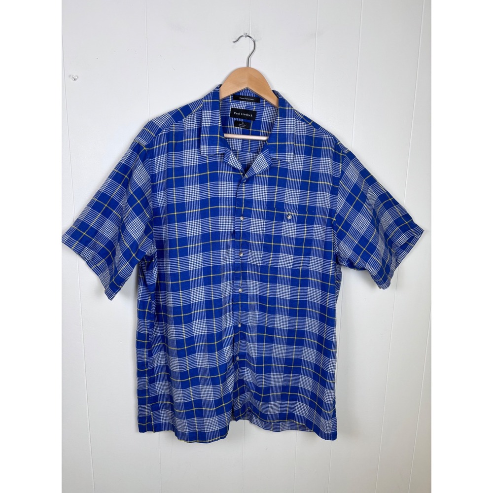 Paul Fredrick Classic Fit Linen Camp Shirt Plaid Short Sleeve Button Up Blue XL